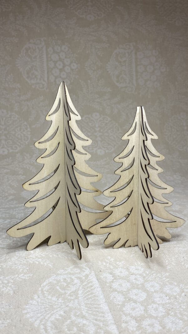 Image of two Christmas Trees made of thin plywood and cut with a laser. Perfect for painting - Donley Woodworking